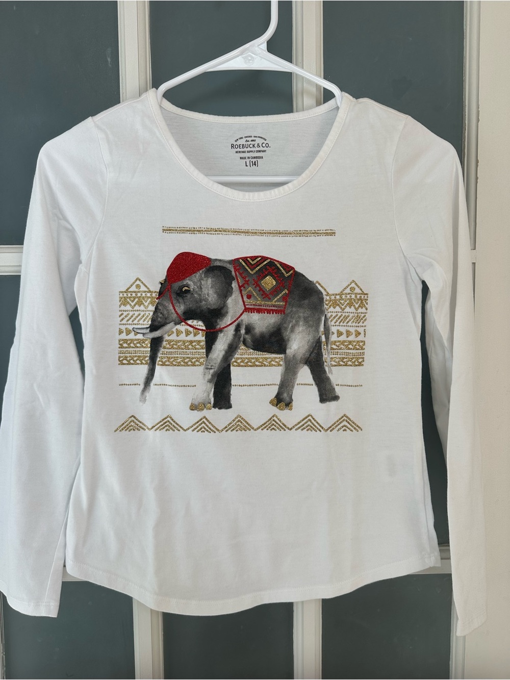 Girls Long-Sleeve Elephant Graphic Tee by Roebuck & Co, size L (14)